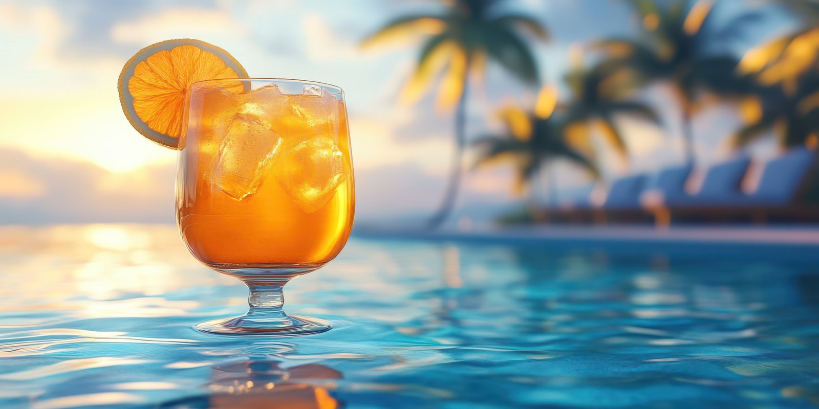 Refreshing tropical drink served by the pool at sunset with palm trees and lounge chairs in the background